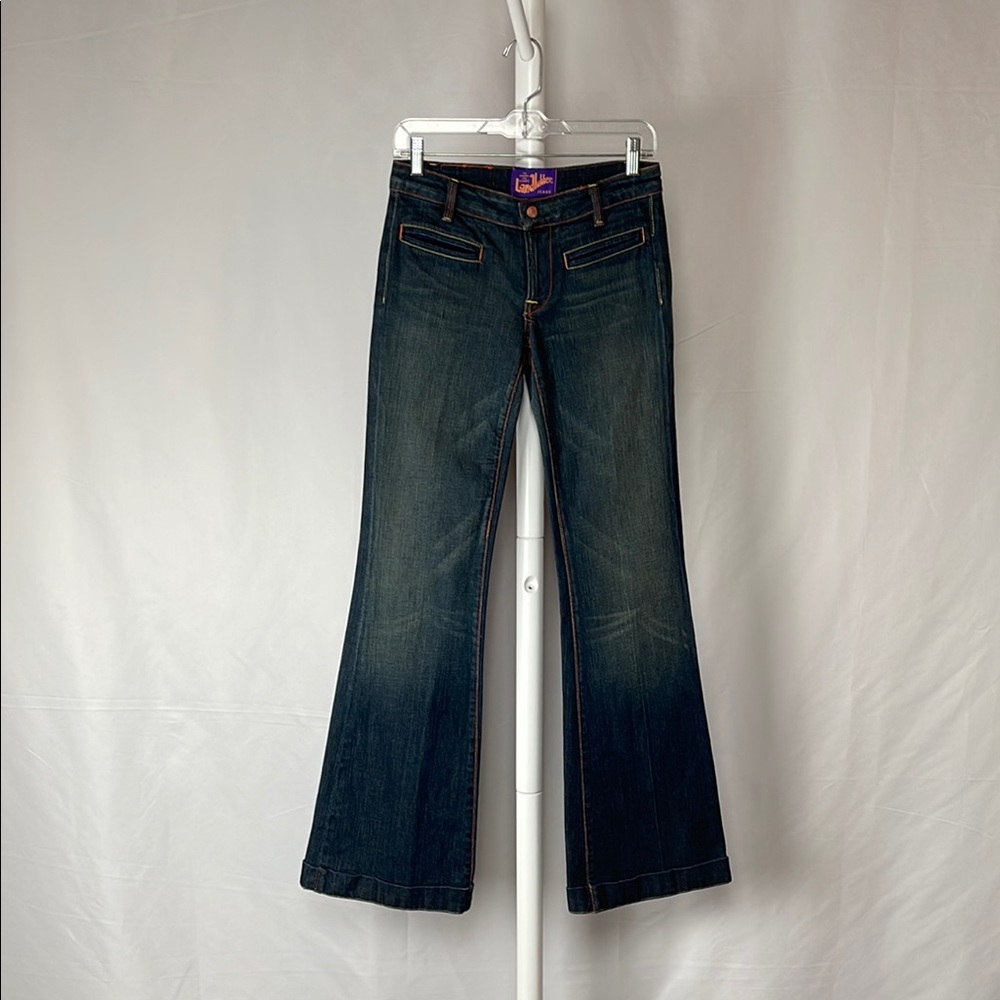 Landlubber Dark Wash Flare Jeans Low Rise Distressed Stretch Denim Women’s 25